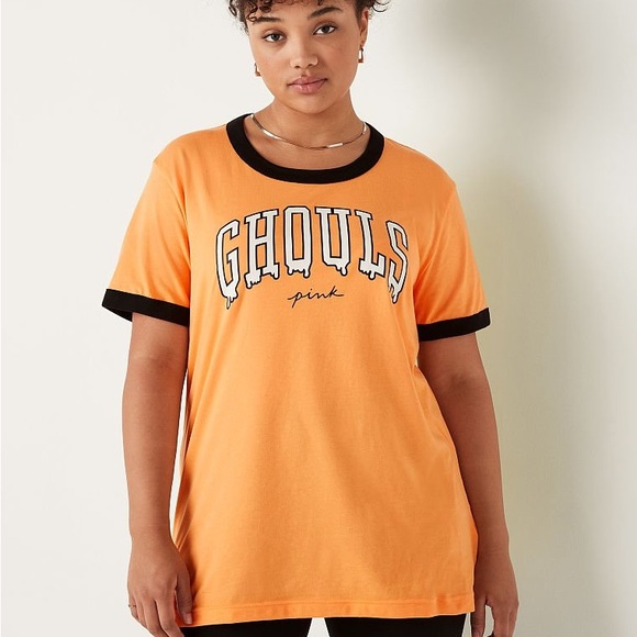 Victoria's Secret PINK Short Sleeve Campus Ringer T-Shirt Halloween Orange XL - Picture 1 of 3